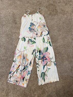 Soma White Floral Wide-Leg Spaghetti-Strap 2 piece Pajamas  with Pastel Blooms